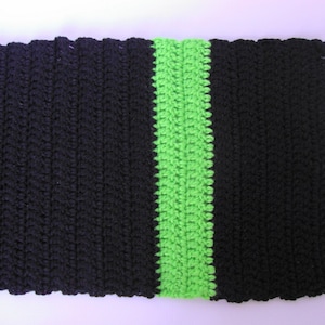 Crochet Scarf: Black Unisex Scarf with Green Stripe