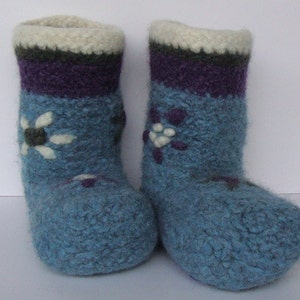 Crochet Booties Felted Blue Edelweiss, Non Skid Wool Socks, Sky Blue Slipper Socks, Gift for a Teen Girl, Miss You Gift, Women's 5