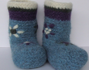 Crochet Booties Felted Blue Edelweiss, Non Skid Wool Socks, Sky Blue Slipper Socks, Gift for a Teen Girl, Miss You Gift, Women's 5