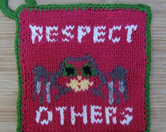 Hand Knit Spider Potholder: Red Acrylic Cotton Blend, Respect Others