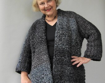 Women's Cardigan, Crochet Shawl Cardigan, Cozy Cardigan, Gray Cardigan, Midnight Stripes Cardigan, Mom Gift, Available in S/M, L/XL, 1X/2X