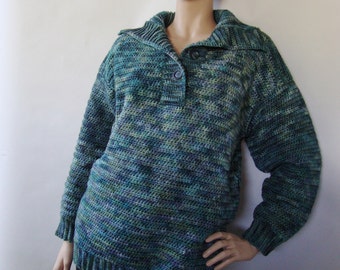 Crochet Sweater, Merino Wool Sweater, Crochet Sweaters for Women, Blue Green Sweater, Optional Funnel Neck, Gift for Her, Available in M