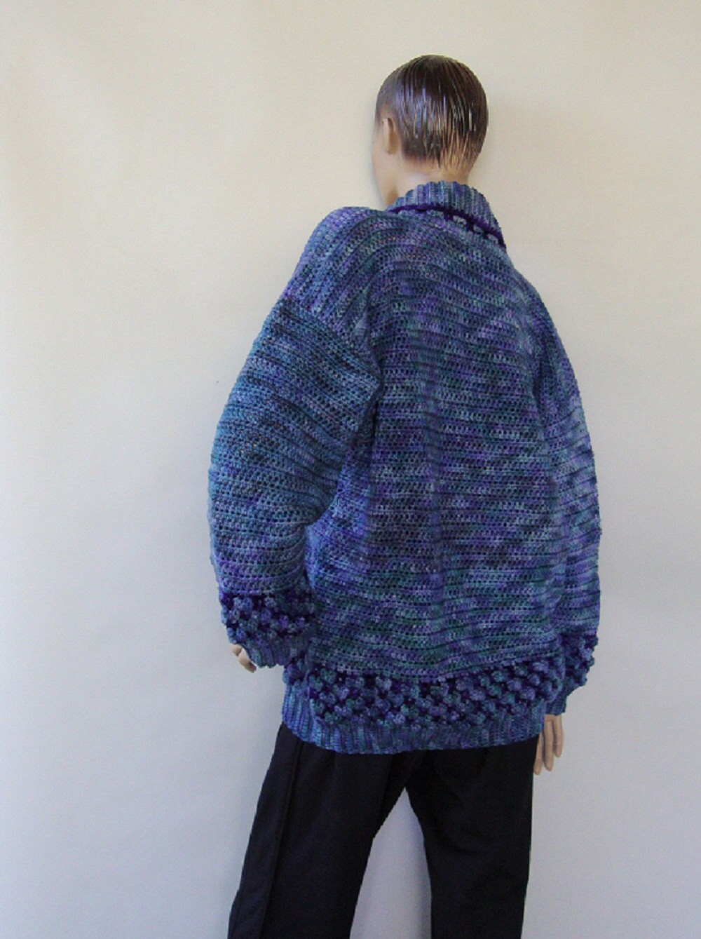手編みメリノウールセーター：ブルーショールカラー、レディースM