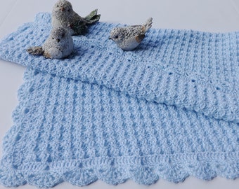 Crochet Baby Blanket Merino Wool Blanket, Blue or White Baby Blanket, Newborn Baby Blanket, Baby Gift, Christening Gift