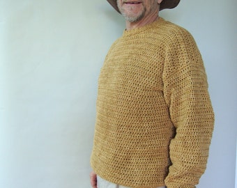 Crochet Men's Sweater, Yellow Cotton Sweater, Sweaters for Men, Autumn Gold Sweater, Gift for Men, Gifts for Him, Dad Gift, Size M/L