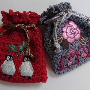 Crochet Pouches, Jewelry Pouch, Jewelry Bag, Christmas Gift Bags, Crocheted Gift Bag, Drawstring Pouch, A Pair of Red and Slate Blue