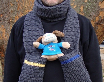 Pañuelo de bolsillo, Bufanda de acrílico de ganchillo, Bufanda con bolsillos, Bufanda unisex, Bufanda "Destiny", Bufanda gris, Regalo para él, Regalo para ella, Regalo de hermano