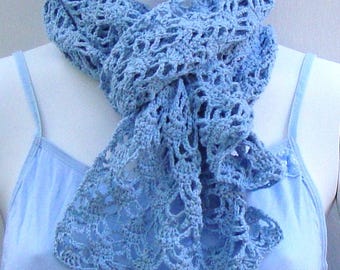 Crochet Blue Lace Scarf: Hemp Cotton Blend, Bridal Favor