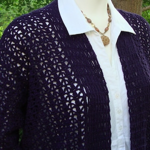 Crochet Kimono Cardigan: Purple Hemp-Cotton Blend, Open Front