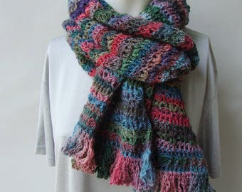 Hand Crocheted Merino Wool Scarf: Striped Color Harmony
