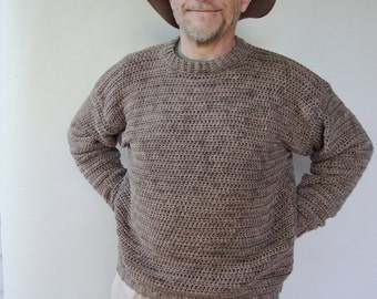 Crochet Men's Sweater, Taupe Gray Cotton Sweater, Gifts for Him, Pullovers, Crewneck Sweater, Dad Gift, Husband Gift, Available in M/L