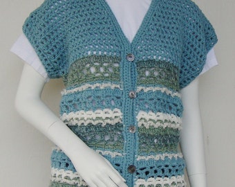 Crochet Vest, Crochet Sweater, Vacation Clothing, Women's Sweaters, Sea Spray Beachcomber Vest, Cap Sleeve Sweater, Gift for Her, Size S