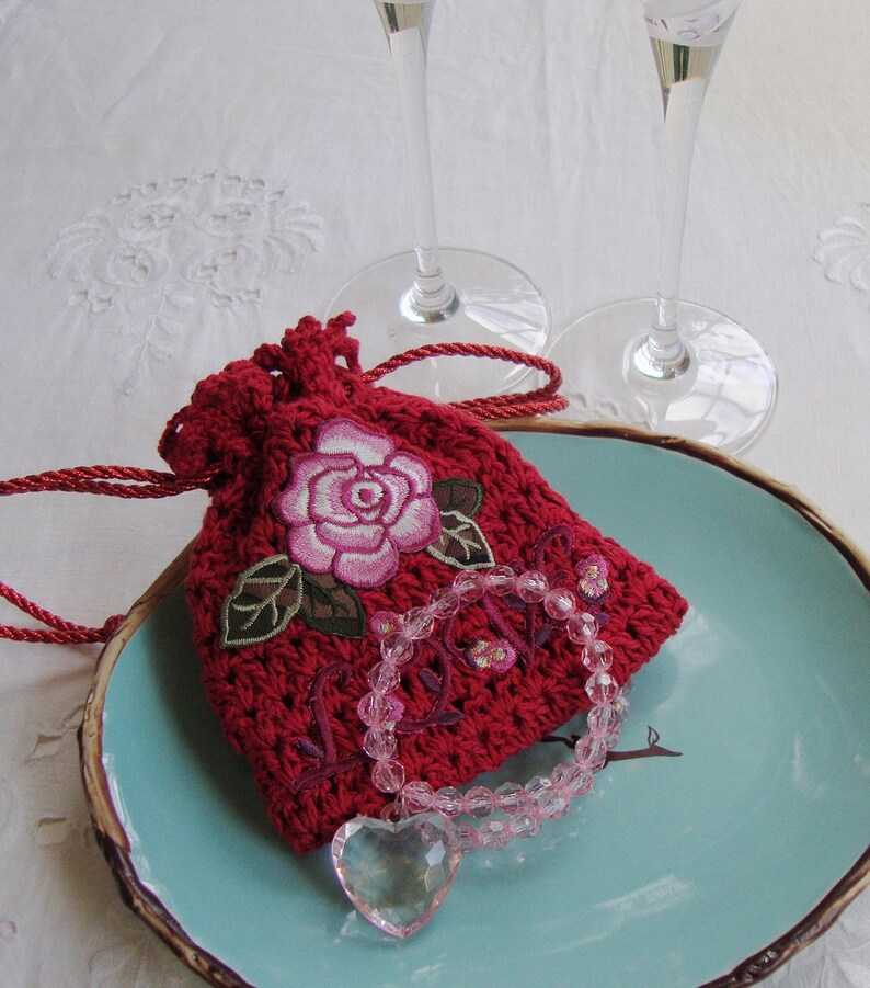 Crocheted Gift Bag, Jewelry Pouch, Girlfriend Gift, Drawstring Pouch, Offered as a Pair of Red