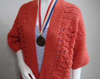Crochet Cardigan Orange Kimono Style, Cardigans for Women, Acrylic Cardigan, Cozy All Year Cardigan, Gift for Her, Mom Gift, Size M