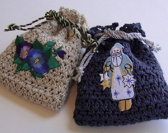 Crocheted Gift Bag, Gift Pouch, Jewelry Pouch, Gift for Her, Teen Gift, Sold as a Pair of Two, Blue Santa and Pansy, Hemp Bag