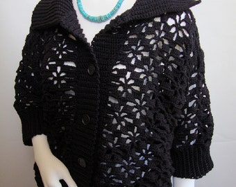 Women's Cardigan, Crochet Cardigan, Black Merino Wool Cardigan, Lace Cardigan, Crocheted Cardigans, Thinking-of-You Gift, Available in L