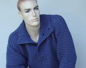 Crochet Men's Sweater, Blue Wool Sweater Men, Men's Crochet Sweater, Optional Funnel Neck, Gift for Him, Dad Gift, Available in S/M and M/L