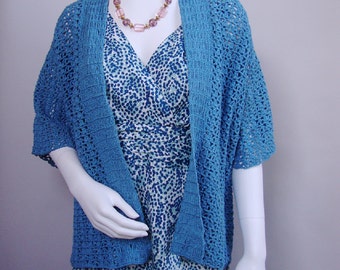 Women's Cardigans, Crochet Cardigan, Kimono Style Cardigan, Aqua Hemp/Cotton Cardigan, Summertime Cardigan, Mom Gift, Available in S and M