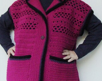 Sweater Vest Women Hooded Vest, Vests, Sweater Vests, Crochet Sweater, Magenta Sweater, Plus Size Clothing, Available in Plus size XL/1X