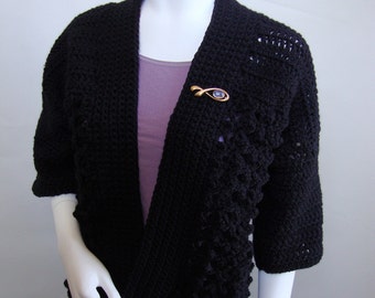 Crochet Cardigan, Black Kimono Style Cardigan, Cardigans for Women, Acrylic Cozy Cardigan, Mom Gift, Gift for Her, Available in XS/S and M