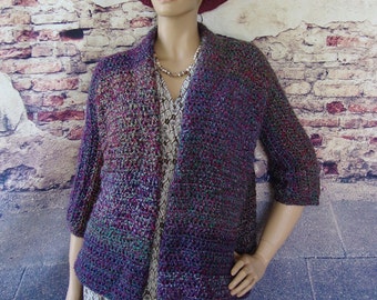 Sweater Women, Crochet Shawl Cardigan, Purple Crochet Cozy Jacket, Mystical Stripes Cardigan, Mom Gift, Available in S/M, L/XL and 1X/2X