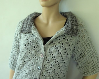 Crochet Cardigan Gray Alpaca Cardigan, Cardigans for Women, Crochet Jacket, Crochet Tops, Gift for Her, Thinking-of-You Gift, Size S/M