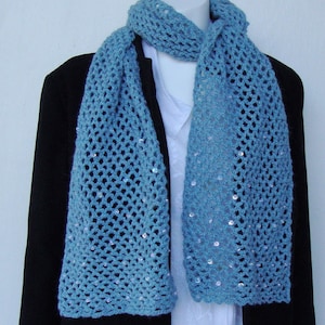 Scarf Women, Mom Gift, Crochet Scarf, Blue Alpaca Sequin Scarf, Sky Blue Scarf, Beaded Sequined Scarf, Gifts for Her, Hand Crocheted Scarf
