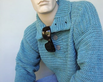Hand-Crocheted Wool Men's Sweater: Sky Blue Funnel Neck
