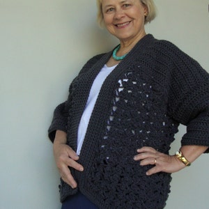 Crochet Kimono Cardigan: Women&#39;s Dark Gray Acrylic Jacket, Size L