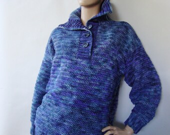 Sweaters for Women, Crochet Sweater, Blue Sweaters, Merino Wool Sweater, Crocheted Sweaters, Optional Funnel Neck, Available in M