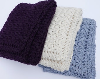 Crochet Blanket, Alpaca Lap Blanket, Thinking-of-You Gift, Get-Well Gift, Crochet Lap Blanket, Small Throw, 3 Colors: Purple White or Blue