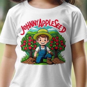 May include: White t-shirt with a cartoon illustration of Johnny Appleseed planting an apple tree. The text "Johnny Appleseed" is written in red letters above the illustration.