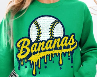 Funny Bananas Baseball Mascot PNG SVG, Coquette Bow Design Bananas, Drip Mascot Yellow Navy Green School Spirit, Game Day, Cricut Cut File