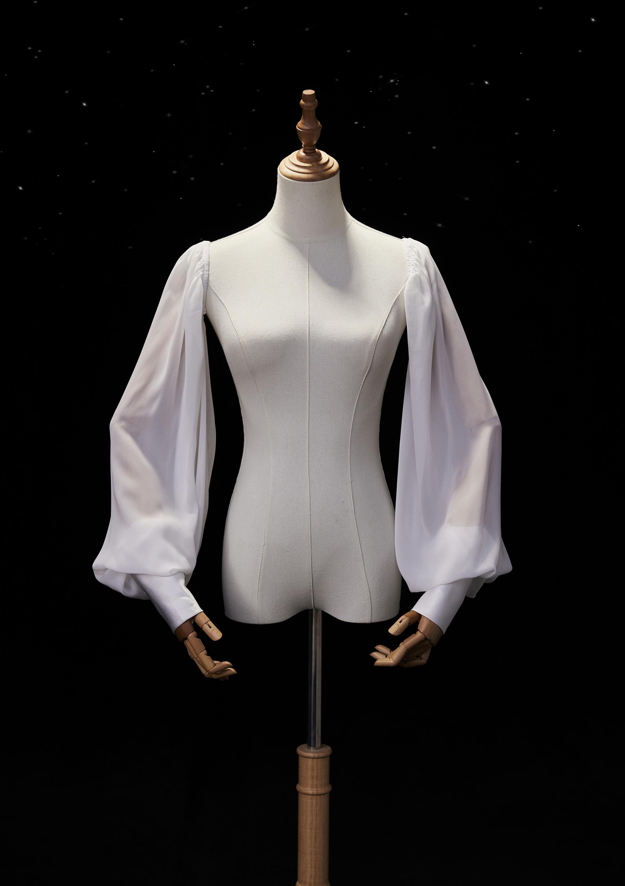Detachable Bridal Sleeves with Buttoned Satin Cuffs, Elastic Shoulder Removable Chiffon Sleeves, Bishop Puff Billowy Long Arm Covers White