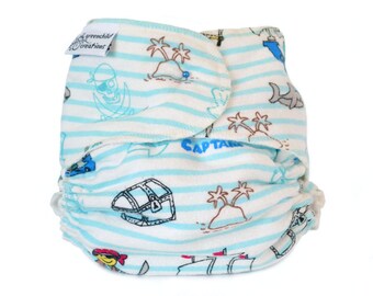 Cloth Diaper Fitted, One Size, Pirate, Flannel - WITH SNAPS