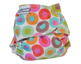 Cloth Diaper Fitted, One Size, Retro Dots, Flannel - Add Snaps or Hook and Loop