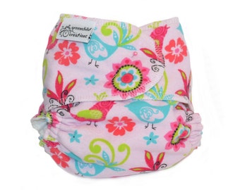 Cloth Diaper Fitted, One Size, Birds & Flowers, Flannel - Add Snaps or Hook and Loop