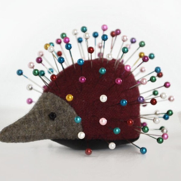 Pincushion, Hedgehog, upcycled wool, handmade, Cranberry Catnip