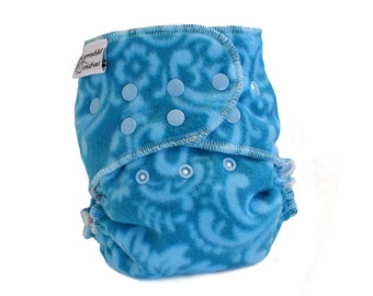 Cloth Diaper Cover OS, Fleece - Flowers, swirly, blue