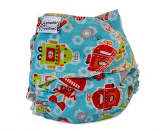 Cloth Diaper Fitted, One Size, Robots - Add Snaps or Hook and Loop