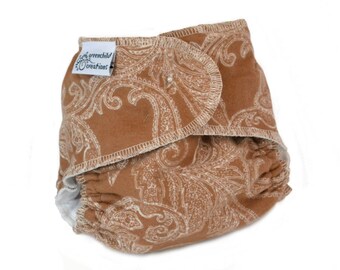 Cloth Diaper Fitted, One Size, Brown Paisley, Flannel - Add Snaps or Hook and Loop