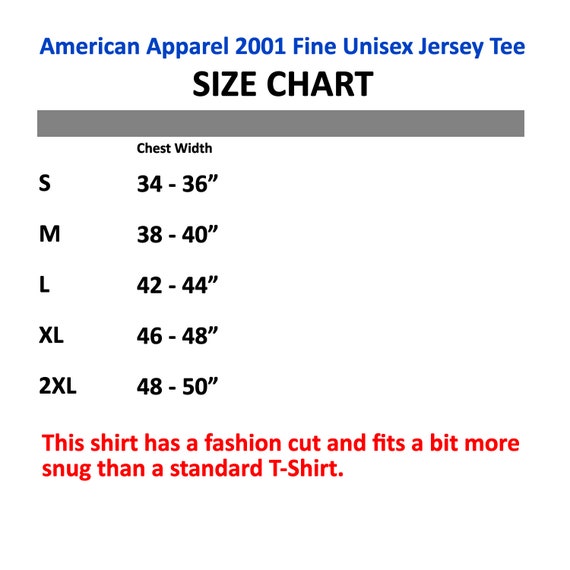 American Apparel 2001 Size Chart