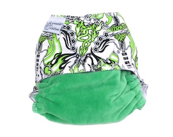 Cloth Diaper Fitted, One Size, Green Skulls - Add Snaps or Hook and Loop