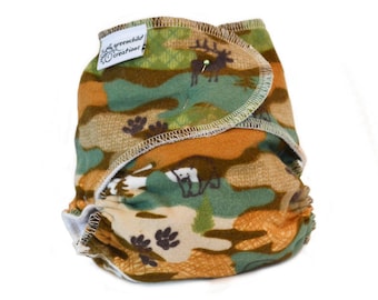 Cloth Diaper Fitted, One Size, Woodland Camo, Flannel - Add Snaps or Hook and Loop