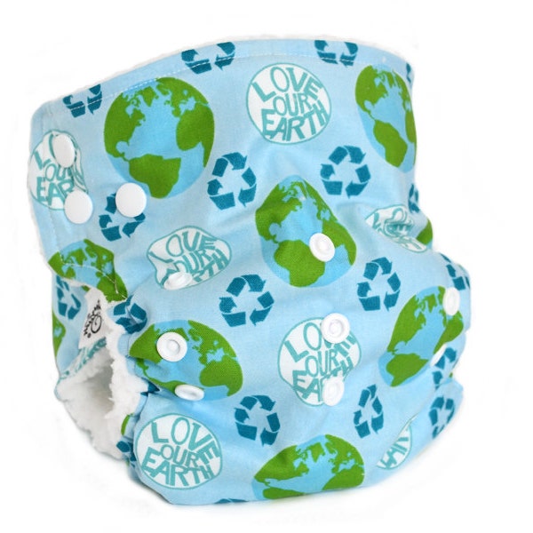 Cloth Diaper Cover OS - Love Our Earth, recycle, aqua, side snap, limited edition