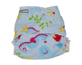 Cloth Diaper Fitted, One Size, Ocean Seahorse & Fish, Flannel - Add Snaps or Hook and Loop