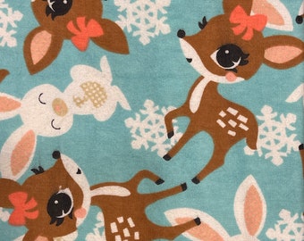 Fabric remnant destash, deer fawn, rabbits, snowflake, woodland creatures, outdoors, forest animals, 32”