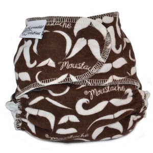 Moustache One Size Cloth Diaper, Fitted Flannel Diaper - Add Snaps or Hook and Loop