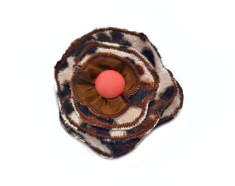 Lapel Pin, scarf pin, hat pin, fabric flower pin, animal print flower brooch, fiber art corsage, OOAK