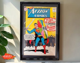 1965 Vintage Action Comics Framed Comic | 60+ Year Old DC Wall Art | Classic Superman | UV Plexiglass Display
